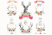 Watercolor Floral Antlers Elements