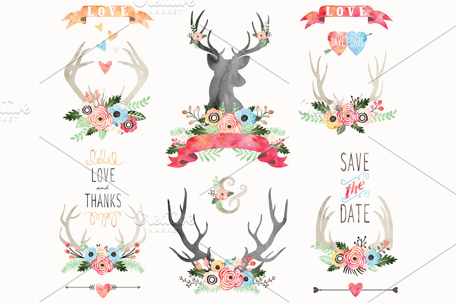 Watercolor Floral Antlers Elements in Illustrations - product preview 8