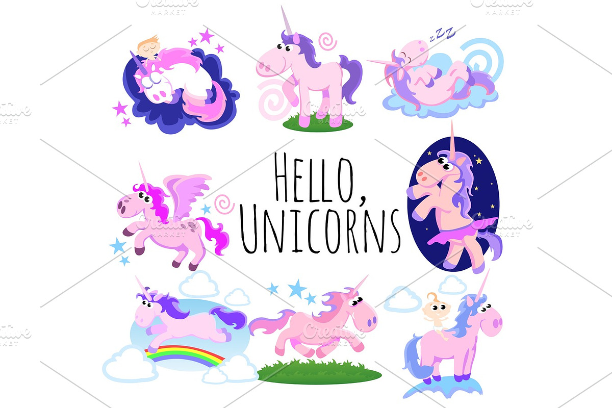 cute unicorn isolated set, magic pegasus flying with wing and horn on rainbow, fantasy horse vector illustration, myth creature dreaming on white background, greeting card template in Illustrations - product preview 8