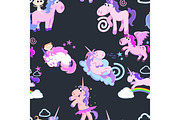 cute unicorn seamless pattern, magic pegasus flying with wing and horn on rainbow, fantasy horse vector illustration, myth creature dreaming background.