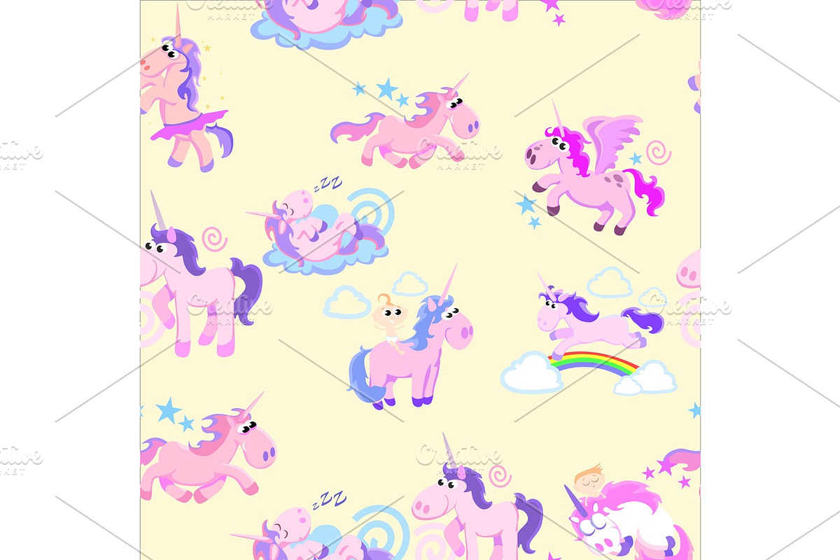 cute unicorn seamless pattern, magic pegasus flying with wing and horn on rainbow, fantasy horse vector illustration, myth creature dreaming background. in Illustrations - product preview 8