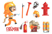 Boy Fireman, Kids Future Dream Fire Fighter Professional Occupation Illustration With Related To Profession Objects