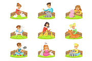 Children Petting The Small Animals In Petting Zoo Set Of Cartoon Illustrations With Kids Having Fun