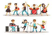Children Musicians Performing On Stage On Talent Show Colorful Vector Illustration With Talented Schoolkids Concert