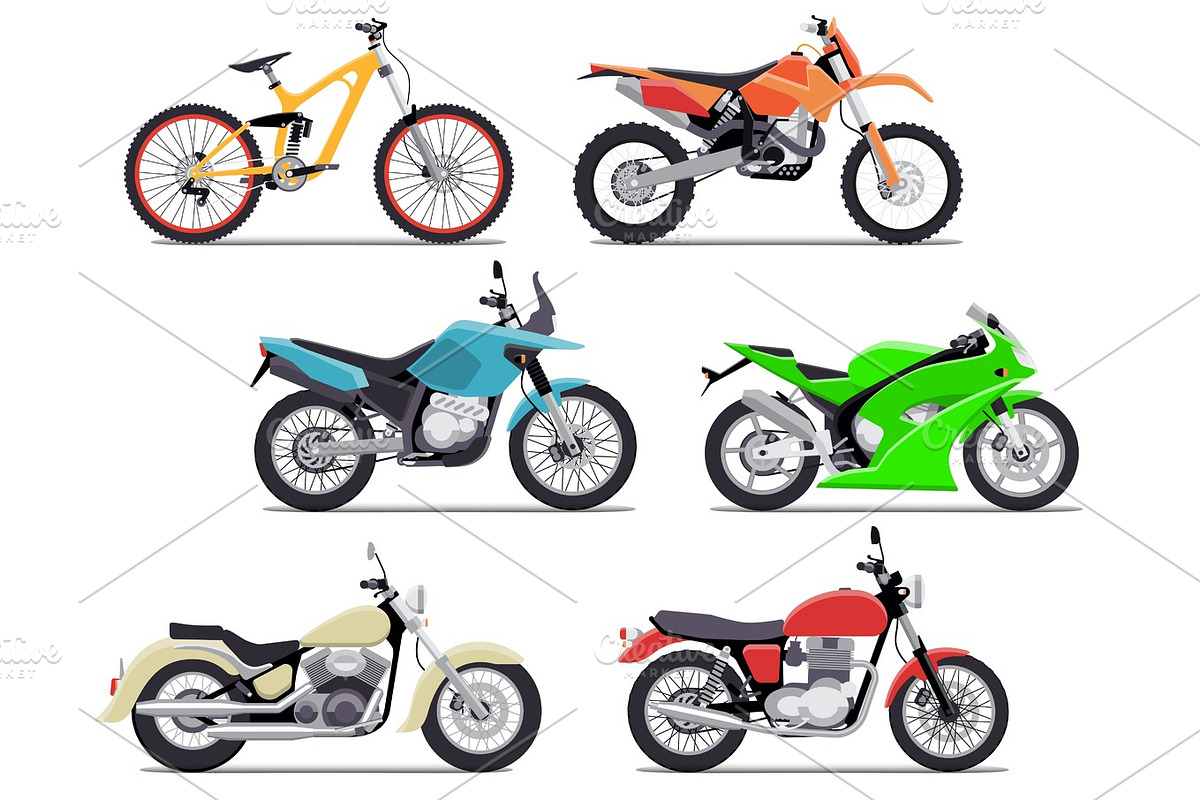 Bike and motorbike flat vector illustration set. Flat vector illustration. Isolation on white background in Illustrations - product preview 8