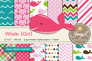 Whale girl digital papers  & clipart