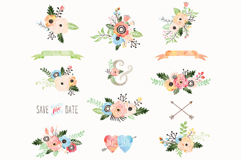 Watercolor Floral Bouquet Elements in Illustrations - product preview 8