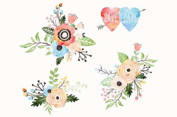 Watercolor Floral Bouquet Elements in Illustrations - product preview 1