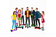 active peoples fun with electric scooter, family on new modern technology hoverboard, man woman and child self balance wheel transport gyroscooter ride the street vector illustrator