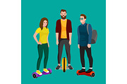 active peoples fun with electric scooter, family on new modern technology hoverboard, man woman and child self balance wheel transport gyroscooter ride the street vector illustrator