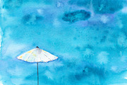 Sea view with umbrella, watercolor