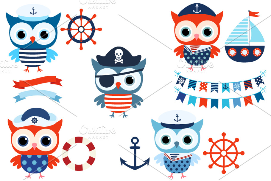 Nautical sailor owl clip art set in Illustrations - product preview 8