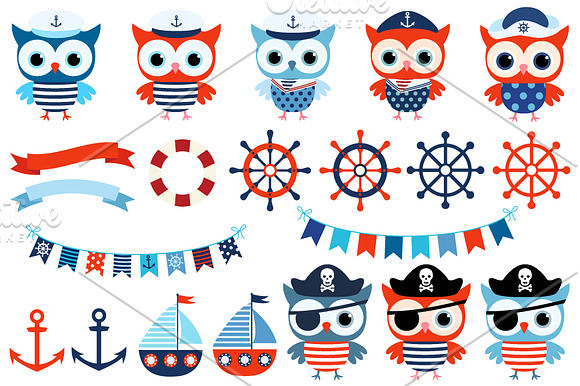 Nautical sailor owl clip art set in Illustrations - product preview 1
