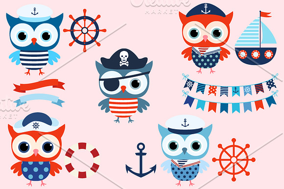 Nautical sailor owl clip art set in Illustrations - product preview 2