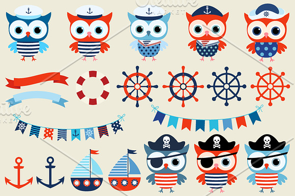 Nautical sailor owl clip art set in Illustrations - product preview 3