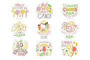 Candy Shop Promo Signs Set Of Colorful Vector Design Templates With Sweets And Pastry Silhouettes