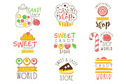 Candy Shop Promo Signs Series Of Colorful Vector Design Templates With Sweets And Pastry Silhouettes