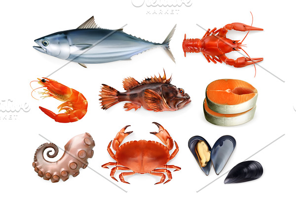 Sea food, 3d vector icon set
