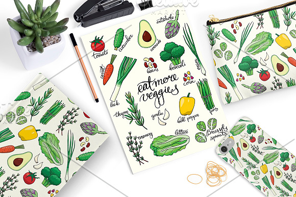 19 hand drawn vegetables + patterns in Illustrations - product preview 3
