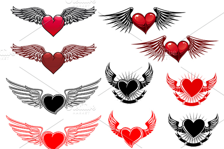 Red and blac heart tattoo with wings