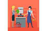 Shopping in Grocery Store Vector Illustration.