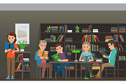 Students Reading Textbook in Library Flat Vector 