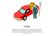 Farmer with a Pitchfork in Hat near Pick-up Car