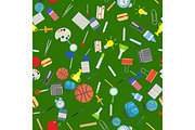 Different school objects in good seamless pattern. Flat vector illustration background.