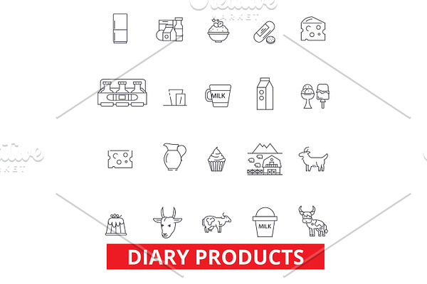 Diary products, milk, butter, cream, cheese, icecream, sour cream, powder milk line icons. Editable strokes. Flat design vector illustration symbol concept. Linear signs isolated on white background