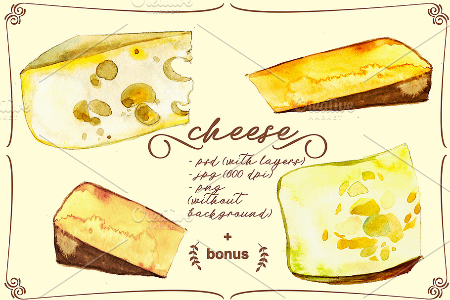 cheese, watercolor, seamless pattern in Illustrations - product preview 8