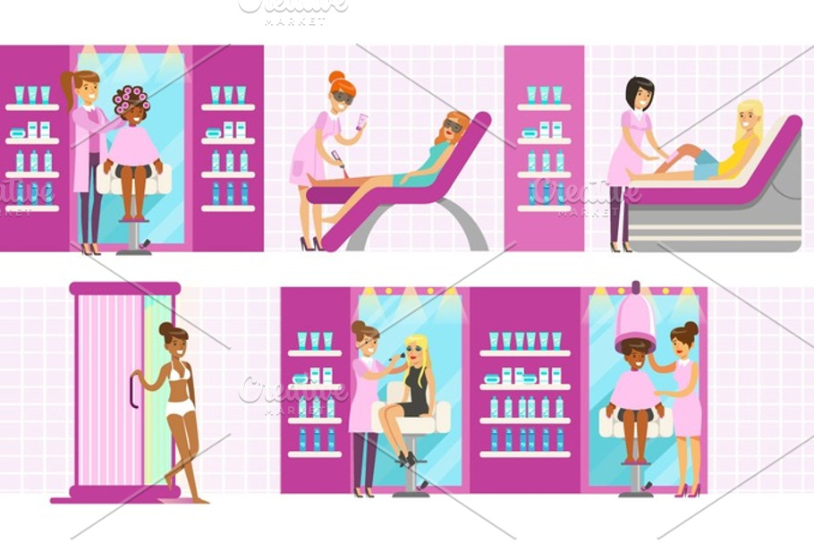 Women In Beauty Salon Enjoying Hair And Skincare Treatments And Cosmetic Procedures With Professional Cosmetologists in Illustrations - product preview 8