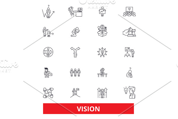 Vision, sight, mission, plan, eye, visionary, future,strategy,dream,value,idea line icons. Editable strokes. Flat design vector illustration symbol concept. Linear signs isolated on white background