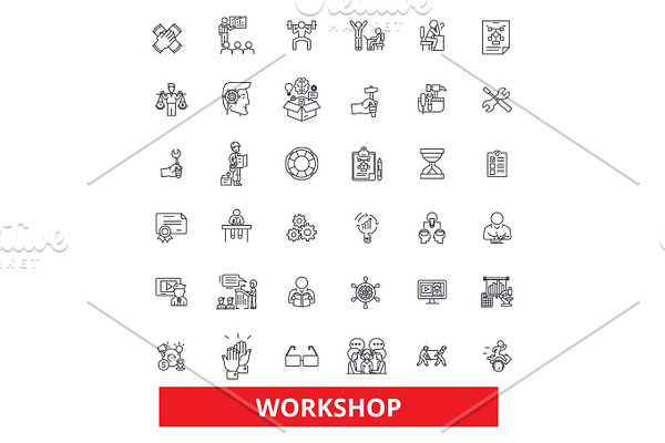 Workshop, seminar,training, conference, garage,meeting,classroom,workplace line icons. Editable strokes. Flat design vector illustration symbol concept. Linear signs isolated on white background