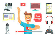 Guy Video Blogger And His Recording Equipment, Set Of Blog And On Line Blogging Icons Around A Show Host