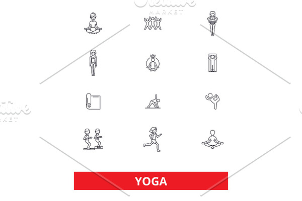 Yoga, meditation, fitness, poses, exercise, zen, gym, spa, relax line icons. Editable strokes. Flat design vector illustration symbol concept. Linear signs isolated on white background