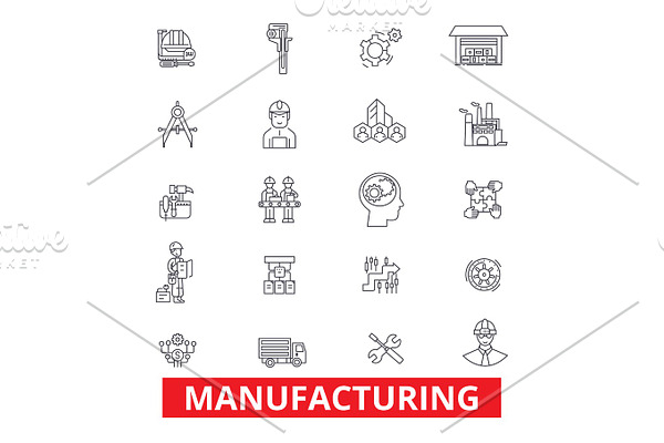 Manufacturing, production, factory, plant, industry, assembling, composition line icons. Editable strokes. Flat design vector illustration symbol concept. Linear signs isolated on white background