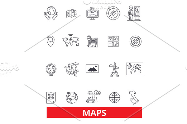 Maps, globe, compass, scheme, blueprint, atlas, diagram, picture, projection,print line icons. Editable strokes. Flat design vector illustration symbol concept. Linear signs isolated on background