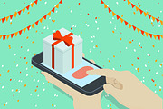  Isometric phone with gift Vector