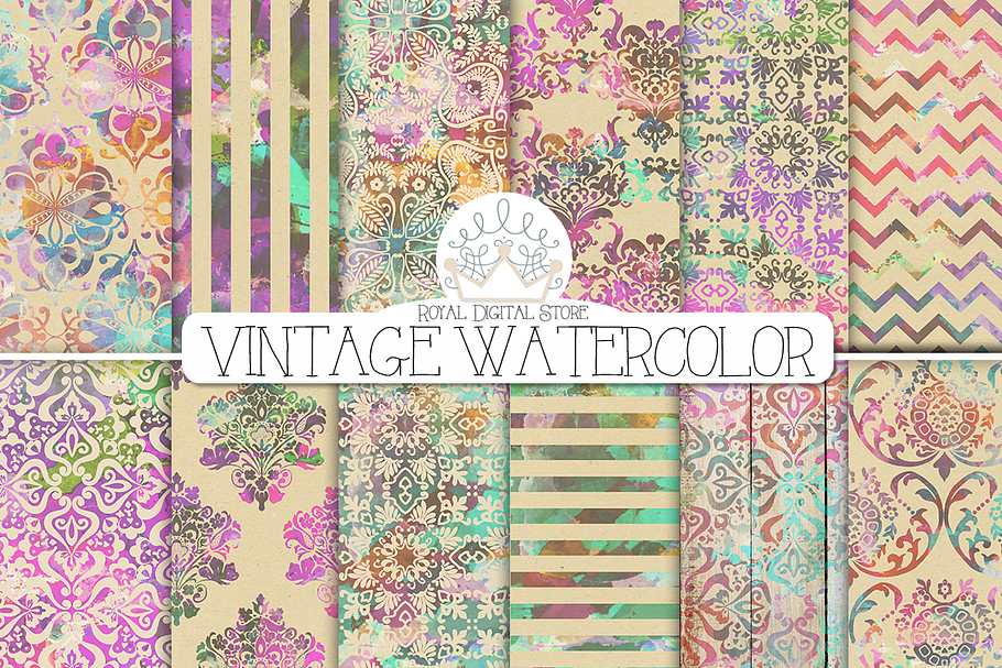 VINTAGE WATERCOLOR digital paper in Textures - product preview 8
