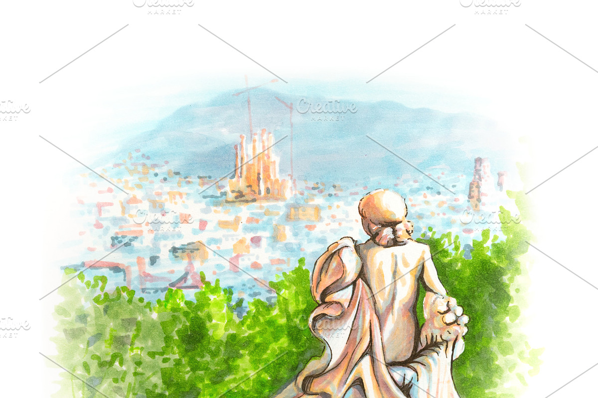 Sunset in Barcelona, Catalonia, Spain in Illustrations - product preview 8