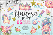 Unicorn party. Hand drawn set
