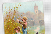 easter greeting, children and chicks