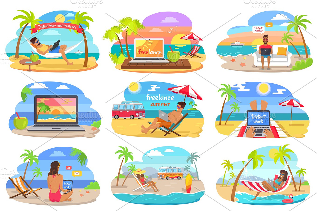 Distant Work and Freelance on Beach during Summer in Illustrations - product preview 8