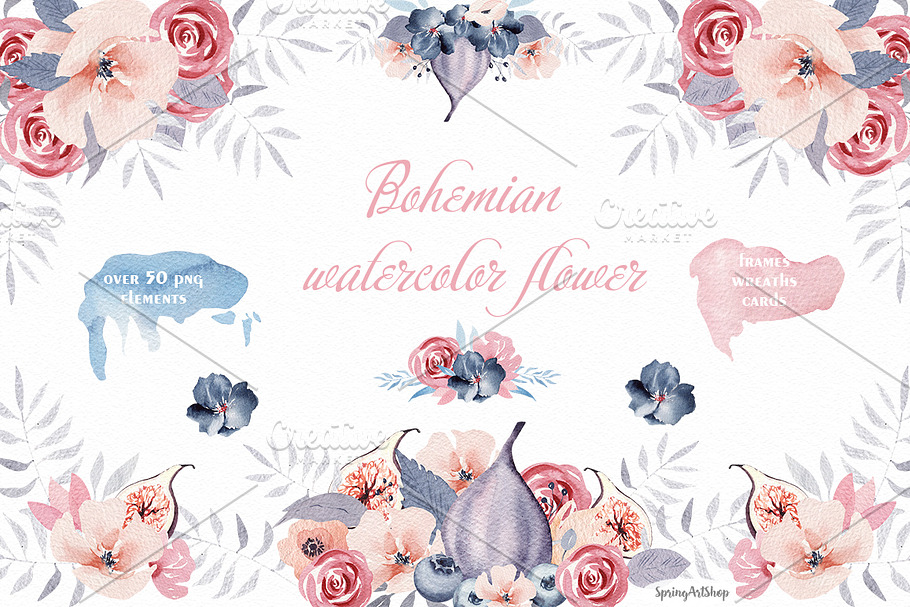 Bohemian watercolor flower Big Set in Illustrations - product preview 8