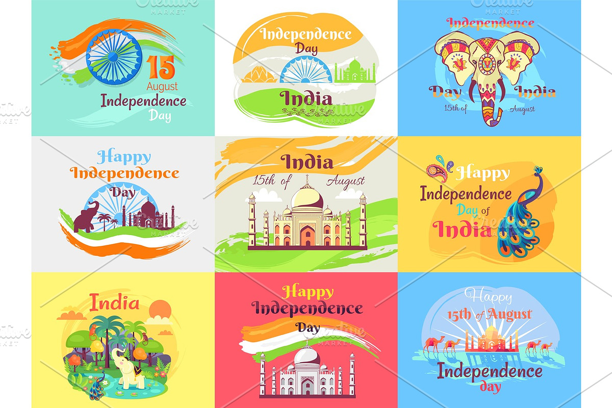 Indian Independence Day Celebration Emblems Set in Illustrations - product preview 8