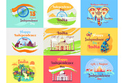 Indian Independence Day Celebration Emblems Set
