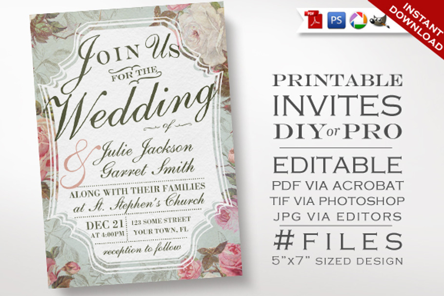 Wedding Invitation - Vintage Rose in Wedding Templates - product preview 8