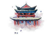 Watercolour painting of Xian fortifications. Sian city wall, China aquarelle illustration.