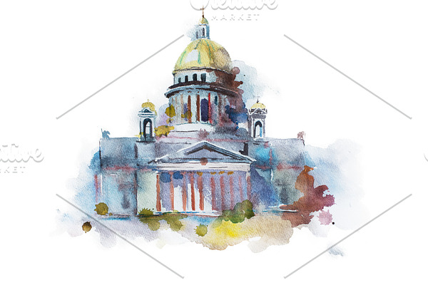 Hand painted drawing of Saint Isaac's Cathedral in St. Petersburg. Traditional Russian landmark, religious orthodox symbol