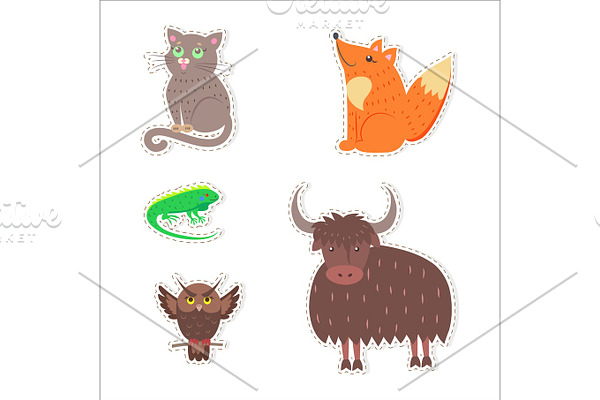 Cute Animals Cartoon Flat Vector Stickers Set